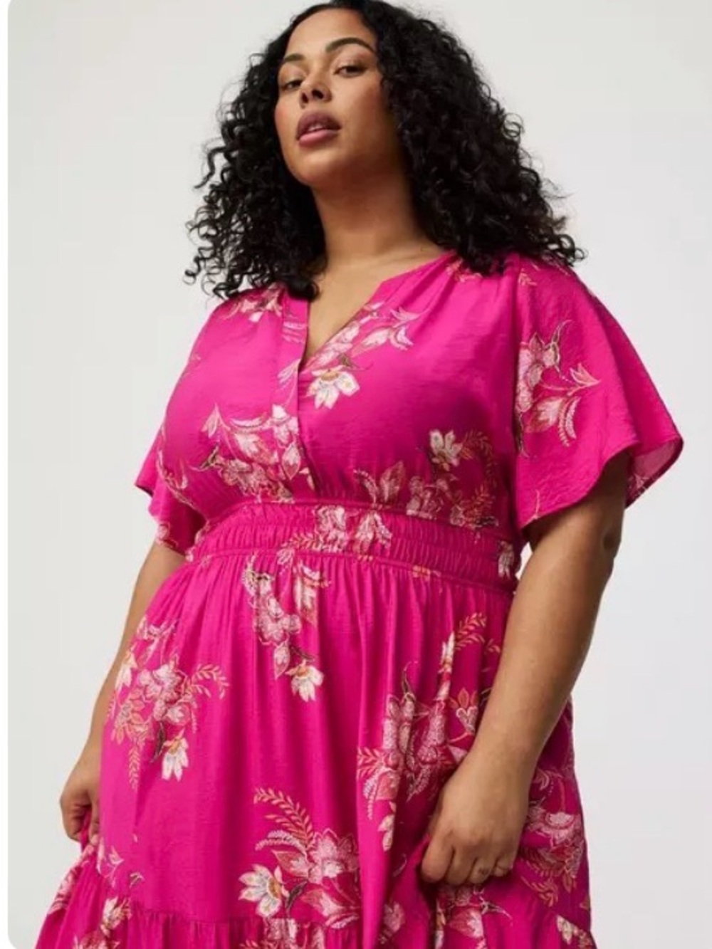 NWOT Torrid Hot Pink Floral Y-Neck Tiered Maxi Dress - Picture 5 of 6